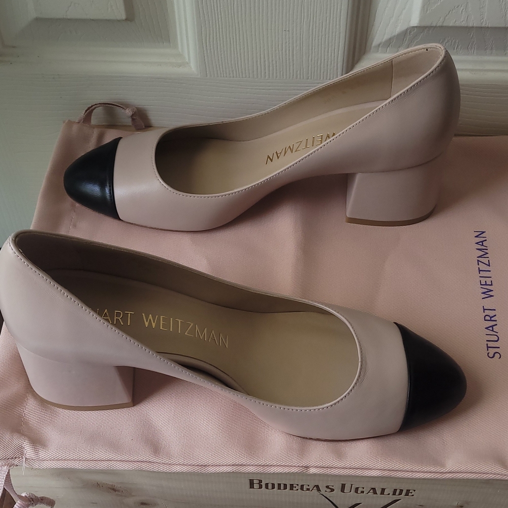 Stuart Weitzman Women's Black and Cream Cap-Toe Heels - Picture 5 of 12